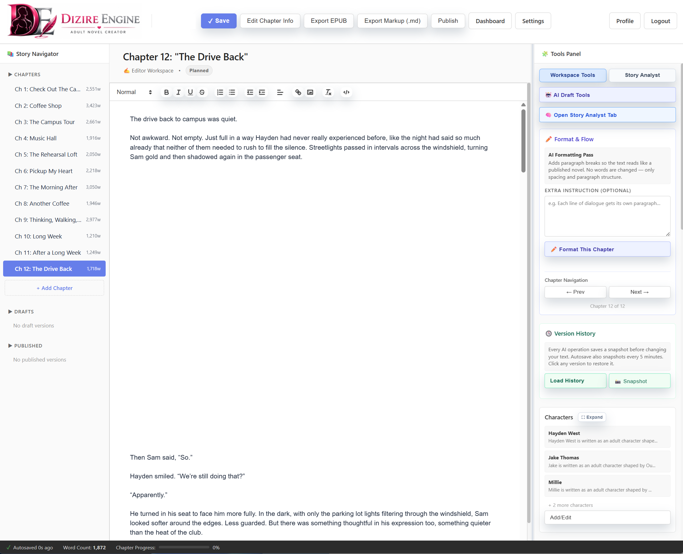 Dizire writing workspace showing chapter navigation, editor controls, and tools panel.